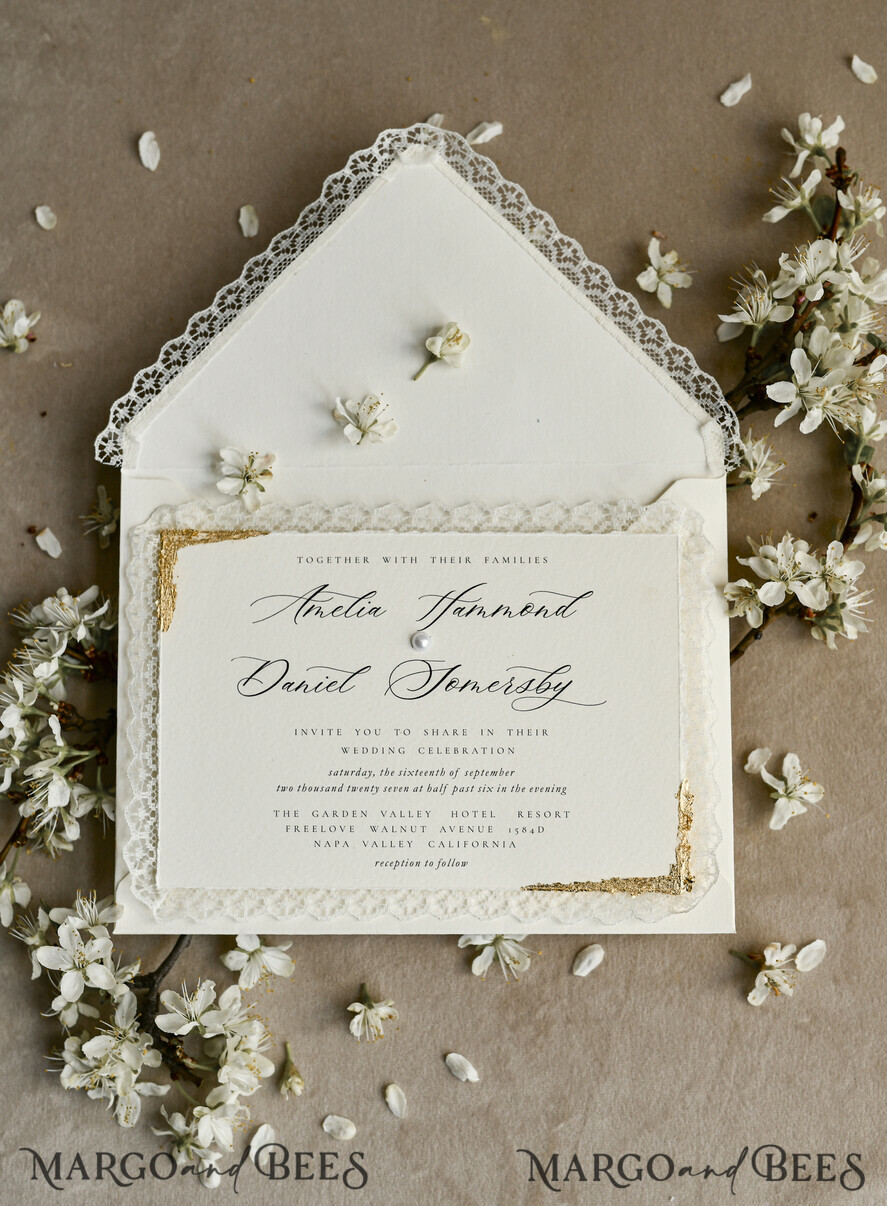 WEDDING INVITATIONS vintage lace/ rustic lace Personalized Golden Wedding invitations Vintage Lace Invites Ivory