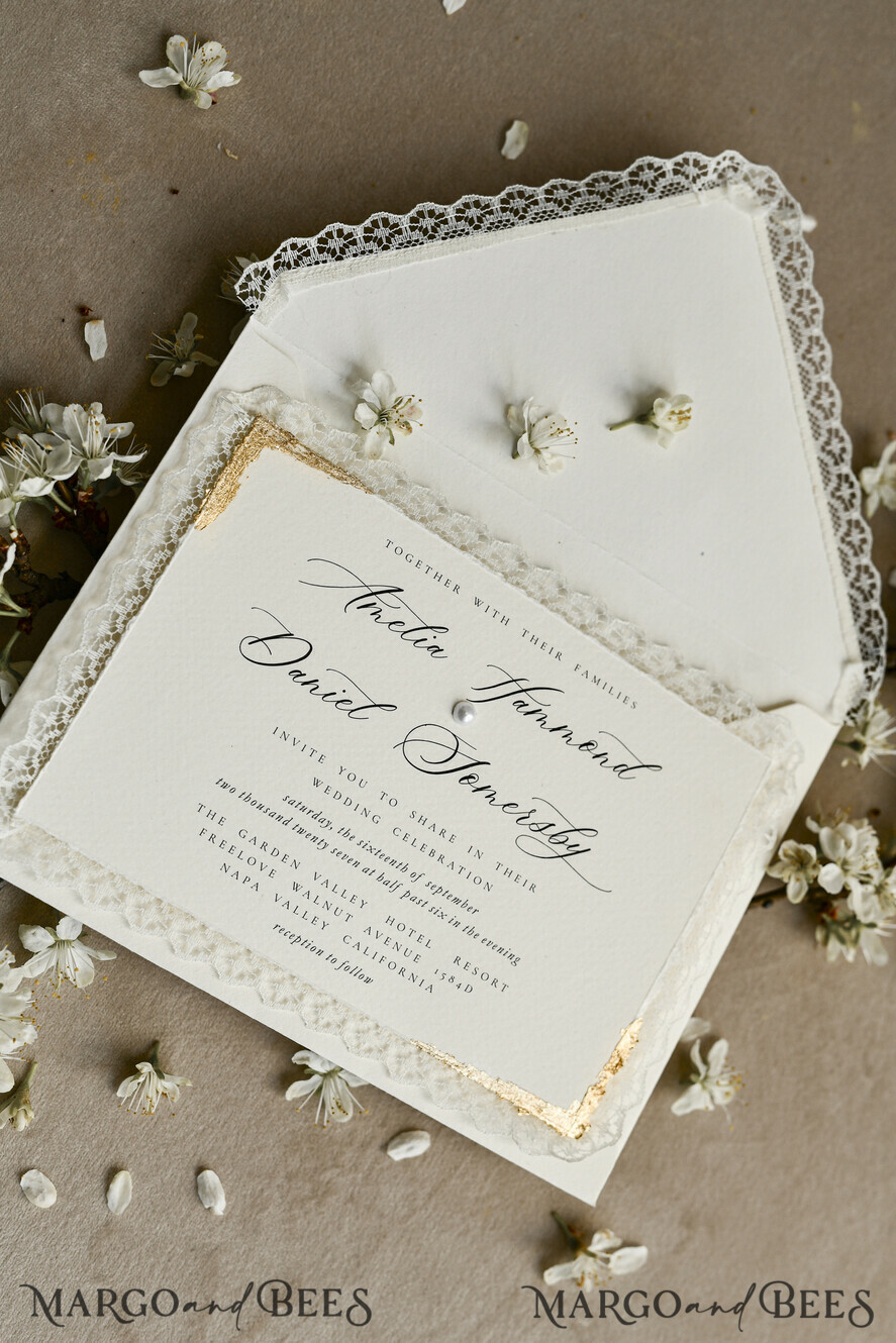 WEDDING INVITATIONS vintage lace/ rustic lace Personalized Golden Wedding invitations Vintage Lace Invites Ivory