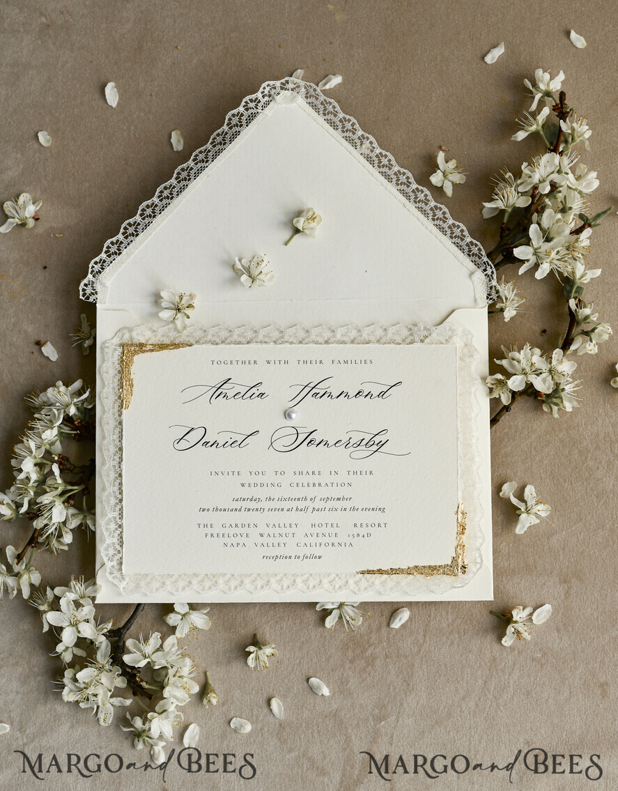 WEDDING INVITATIONS vintage lace/ rustic lace Personalized Golden Wedding invitations Vintage Lace Invites Ivory
