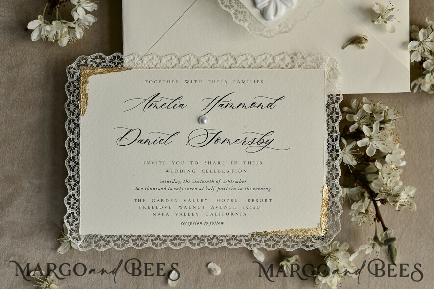 WEDDING INVITATIONS vintage lace/ rustic lace Personalized Golden Wedding invitations Vintage Lace Invites Ivory