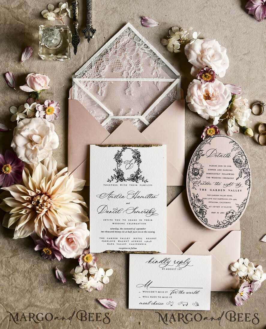HOCHZEITS EINLADUNGEN vintage Spitze / rustikale Spitze Luxuriöse französische Spitzenhochzeitskarten Elegante Elfenbein barocke Hochzeitsinvitation Suite