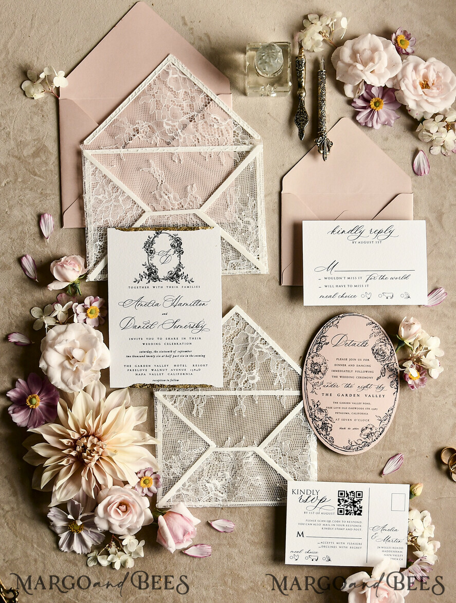 HOCHZEITS EINLADUNGEN vintage Spitze / rustikale Spitze Luxuriöse französische Spitzenhochzeitskarten Elegante Elfenbein barocke Hochzeitsinvitation Suite