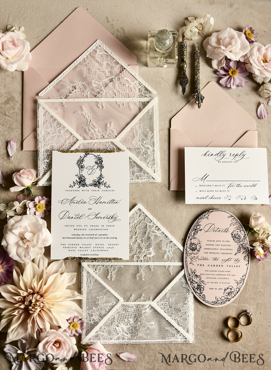 HOCHZEITS EINLADUNGEN vintage Spitze / rustikale Spitze Luxuriöse französische Spitzenhochzeitskarten Elegante Elfenbein barocke Hochzeitsinvitation Suite