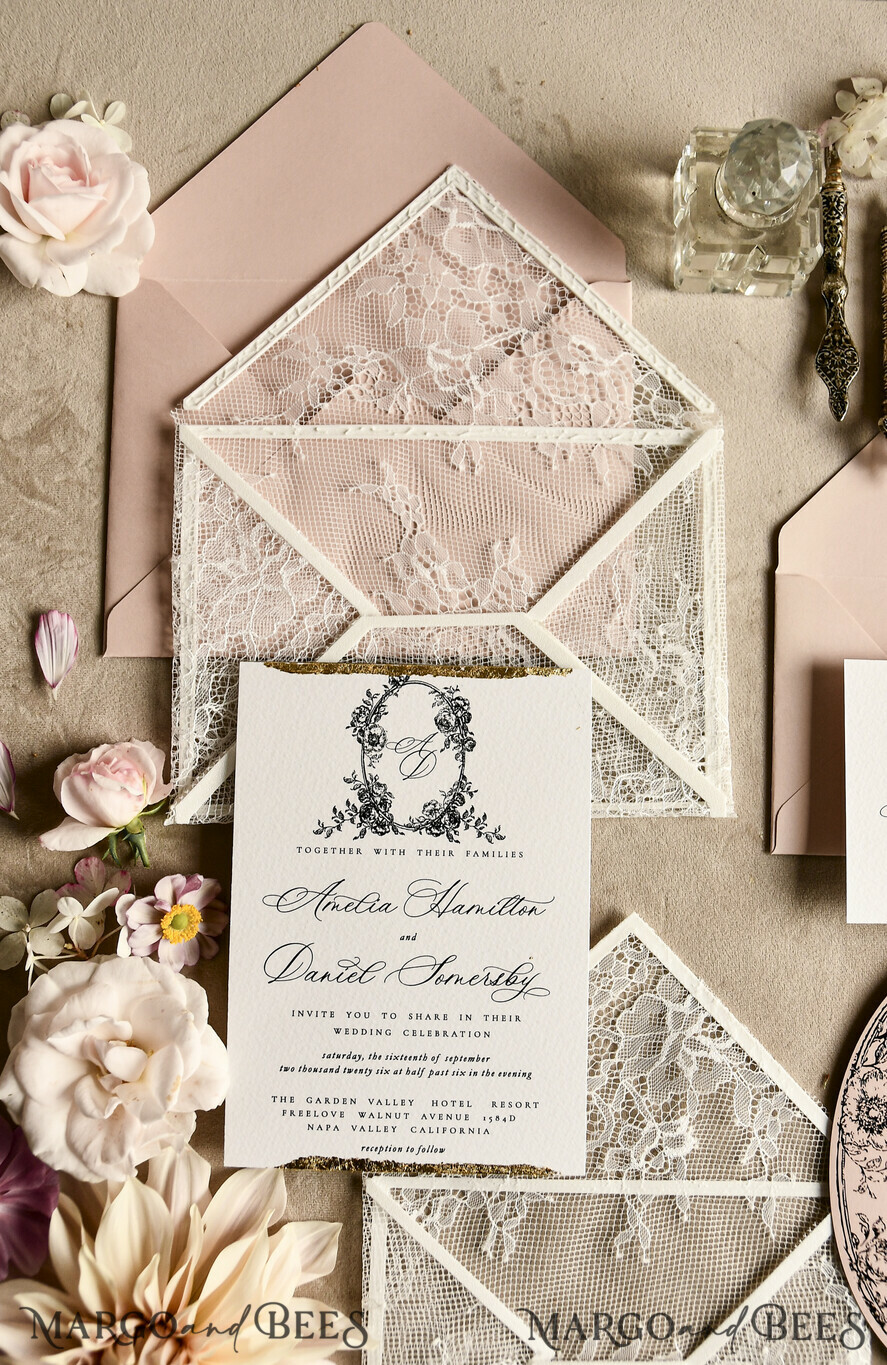 HOCHZEITS EINLADUNGEN vintage Spitze / rustikale Spitze Luxuriöse französische Spitzenhochzeitskarten Elegante Elfenbein barocke Hochzeitsinvitation Suite