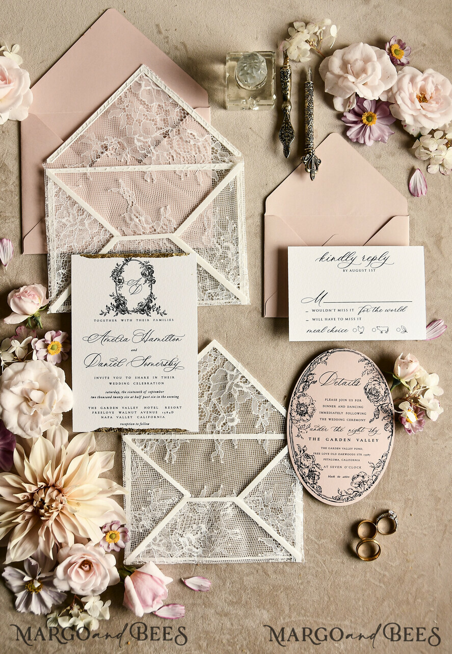 HOCHZEITS EINLADUNGEN vintage Spitze / rustikale Spitze Luxuriöse französische Spitzenhochzeitskarten Elegante Elfenbein barocke Hochzeitsinvitation Suite