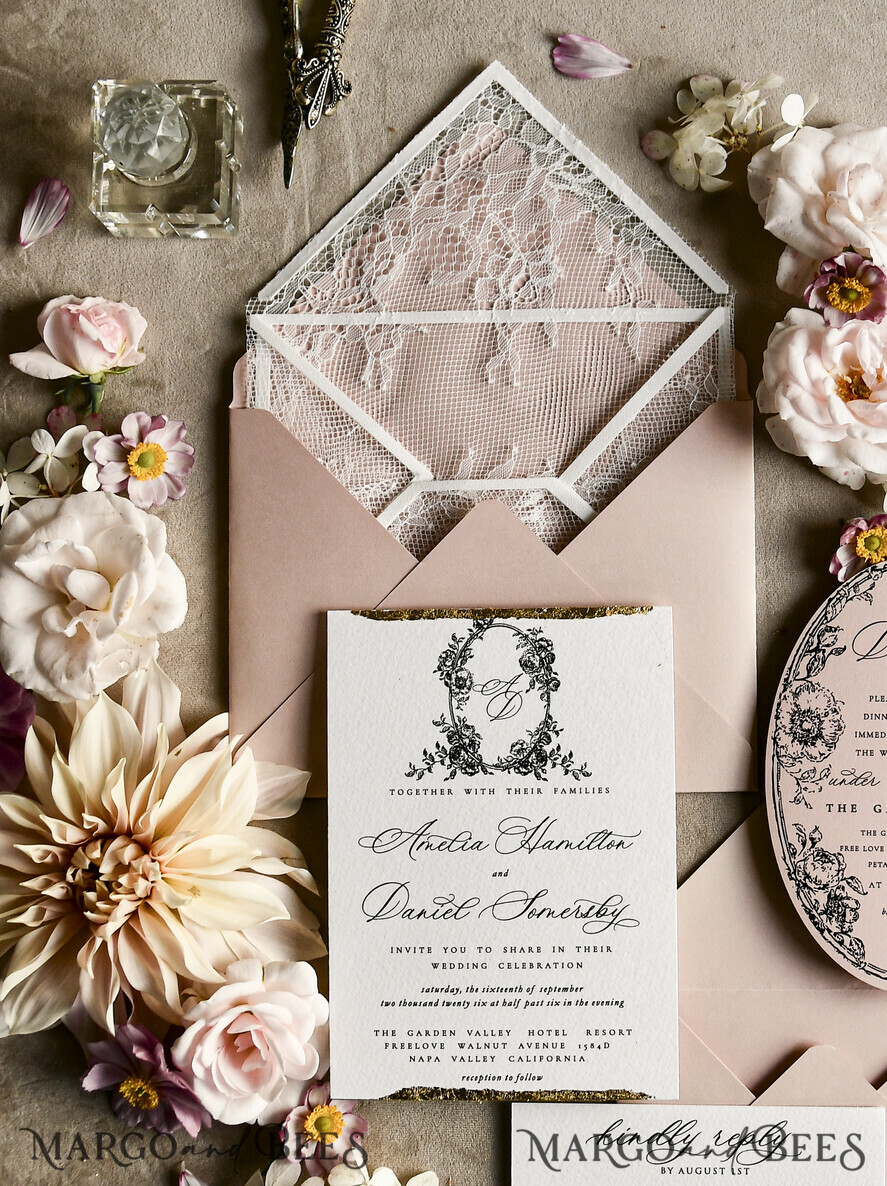 HOCHZEITS EINLADUNGEN vintage Spitze / rustikale Spitze Luxuriöse französische Spitzenhochzeitskarten Elegante Elfenbein barocke Hochzeitsinvitation Suite