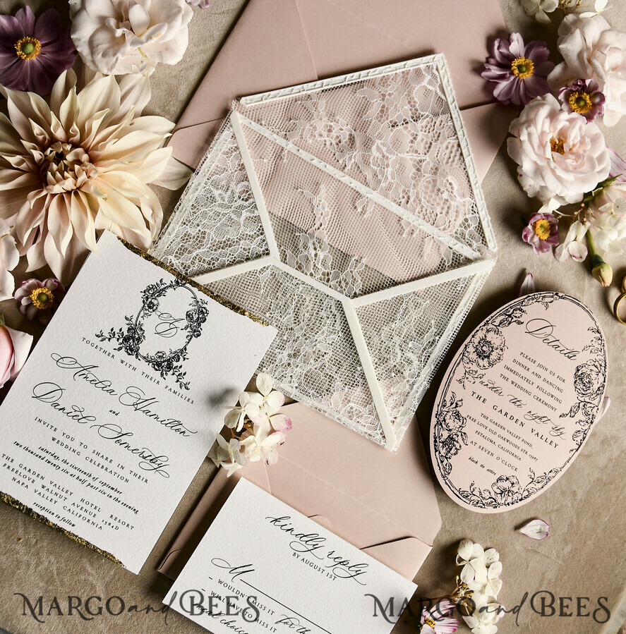 HOCHZEITS EINLADUNGEN vintage Spitze / rustikale Spitze Luxuriöse französische Spitzenhochzeitskarten Elegante Elfenbein barocke Hochzeitsinvitation Suite