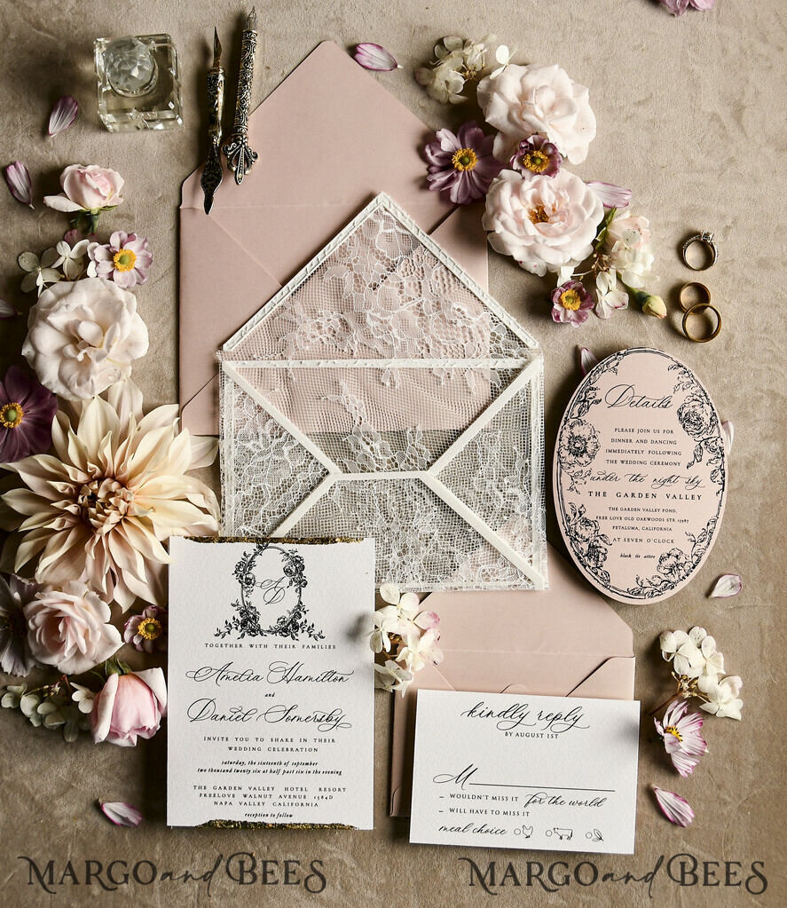 HOCHZEITS EINLADUNGEN vintage Spitze / rustikale Spitze Luxuriöse französische Spitzenhochzeitskarten Elegante Elfenbein barocke Hochzeitsinvitation Suite