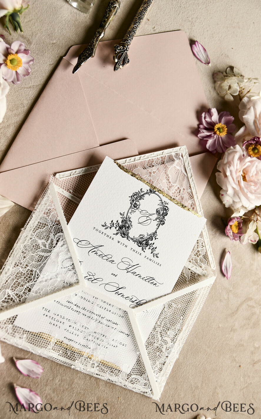 HOCHZEITS EINLADUNGEN vintage Spitze / rustikale Spitze Luxuriöse französische Spitzenhochzeitskarten Elegante Elfenbein barocke Hochzeitsinvitation Suite