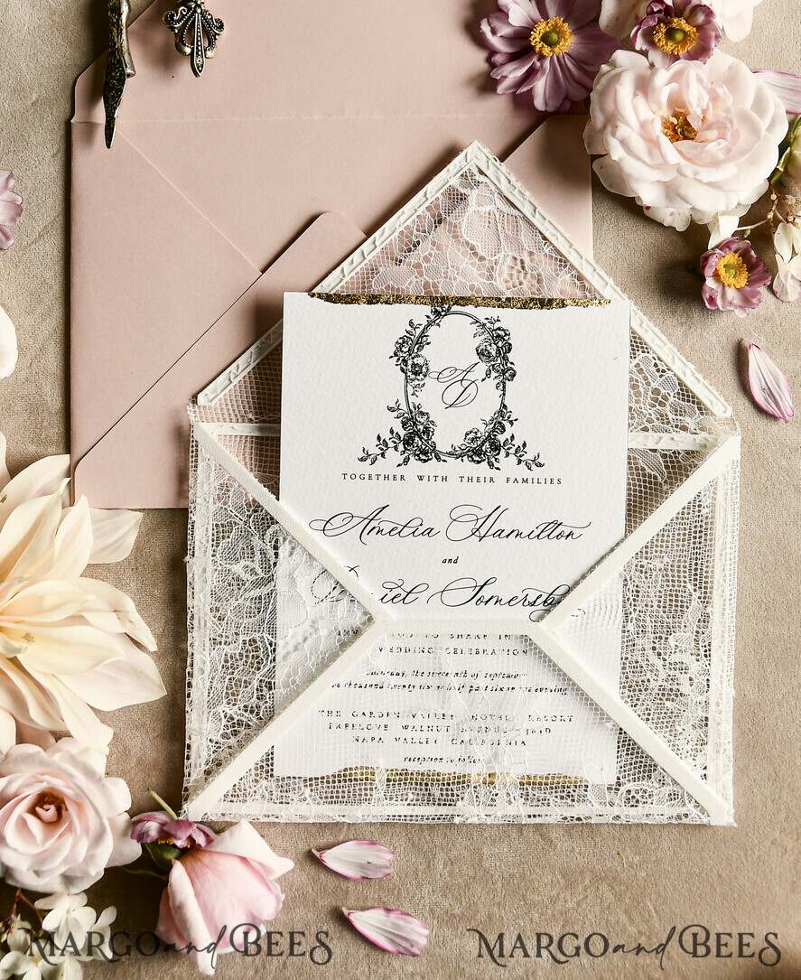 HOCHZEITS EINLADUNGEN vintage Spitze / rustikale Spitze Luxuriöse französische Spitzenhochzeitskarten Elegante Elfenbein barocke Hochzeitsinvitation Suite