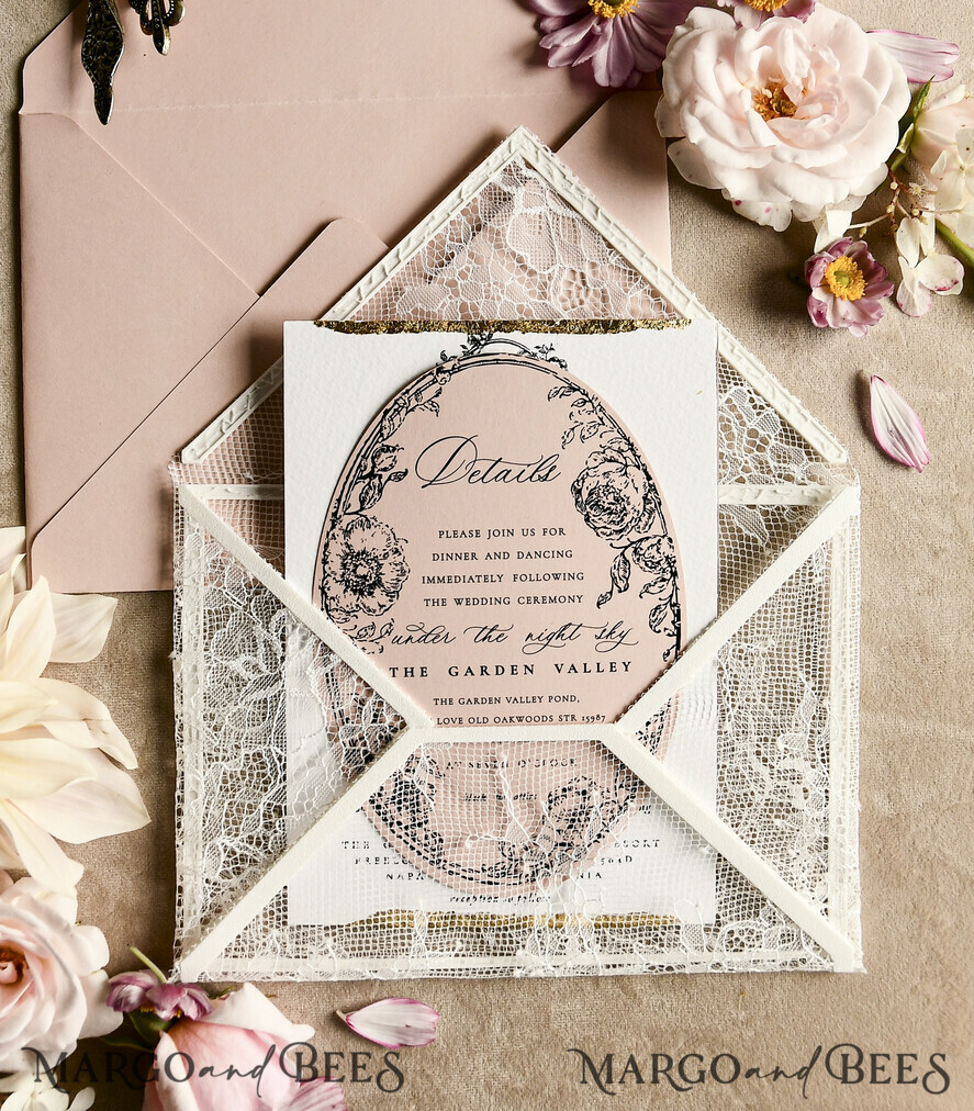 HOCHZEITS EINLADUNGEN vintage Spitze / rustikale Spitze Luxuriöse französische Spitzenhochzeitskarten Elegante Elfenbein barocke Hochzeitsinvitation Suite
