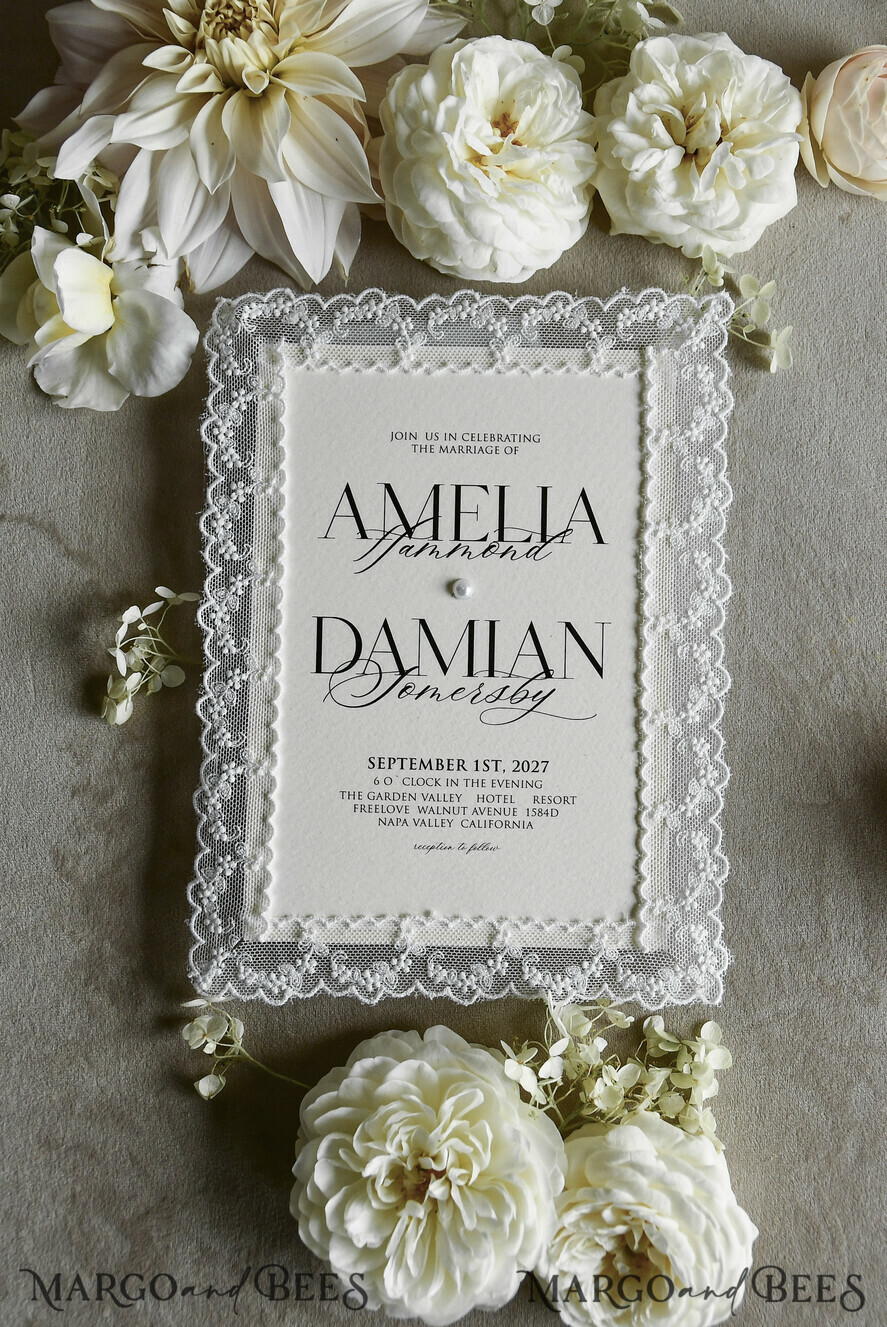 WEDDING INVITATIONS vintage lace/ rustic lace Personalized Golden Wedding invitations Vintage Lace Invites off white