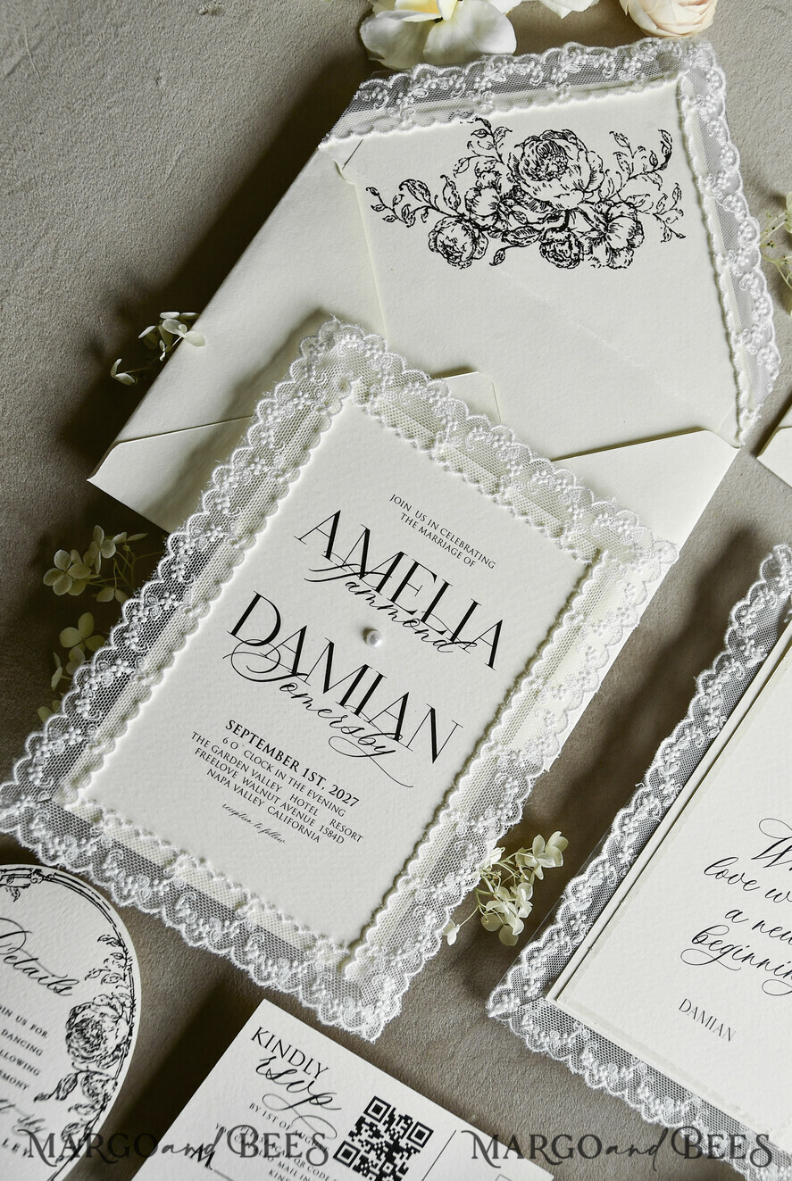 WEDDING INVITATIONS vintage lace/ rustic lace Personalized Golden Wedding invitations Vintage Lace Invites off white