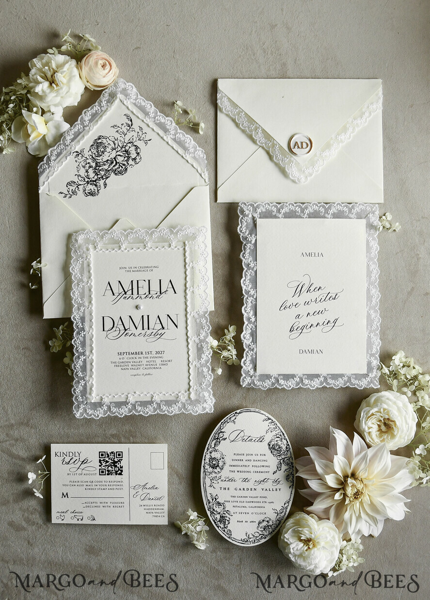 WEDDING INVITATIONS vintage lace/ rustic lace Personalized Golden Wedding invitations Vintage Lace Invites off white