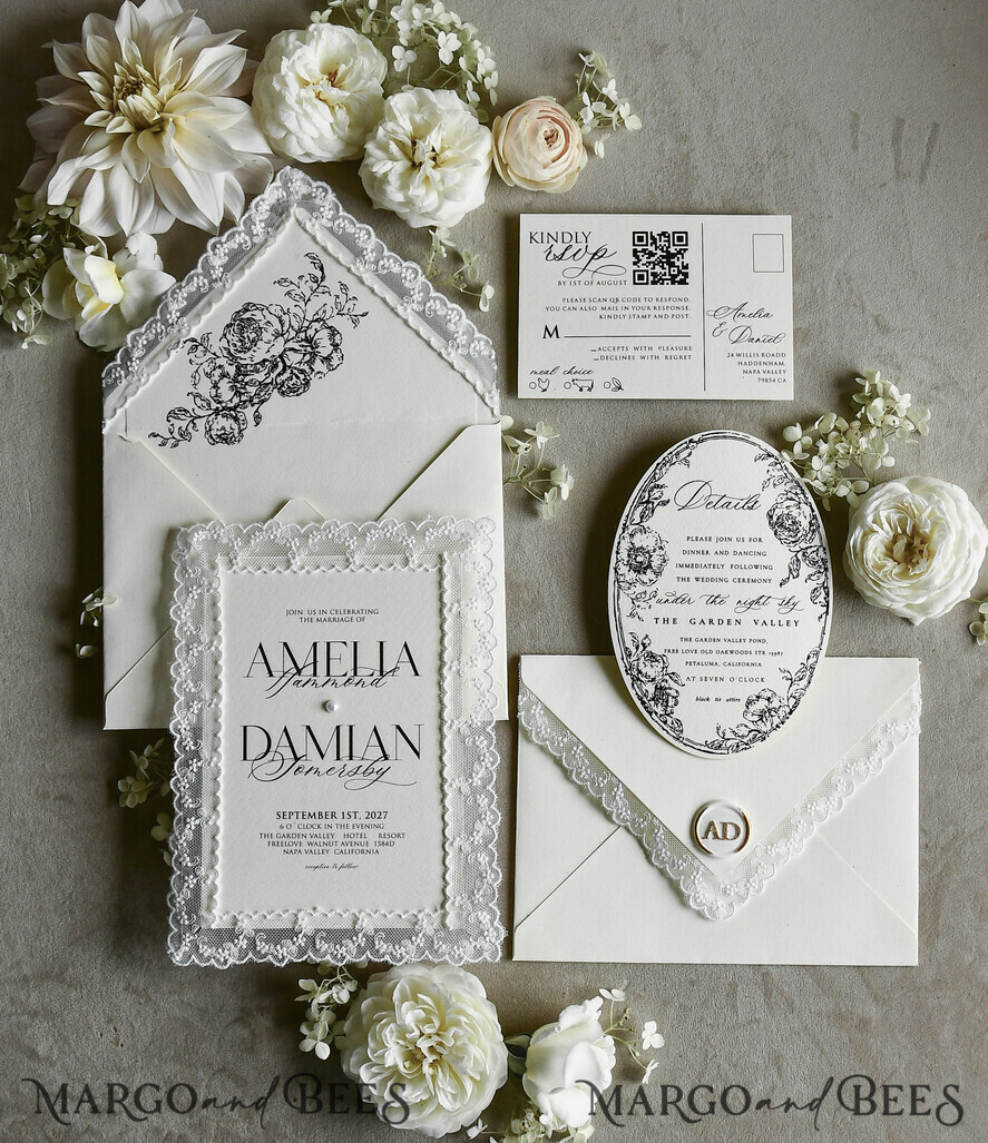 WEDDING INVITATIONS vintage lace/ rustic lace Personalized Golden Wedding invitations Vintage Lace Invites off white