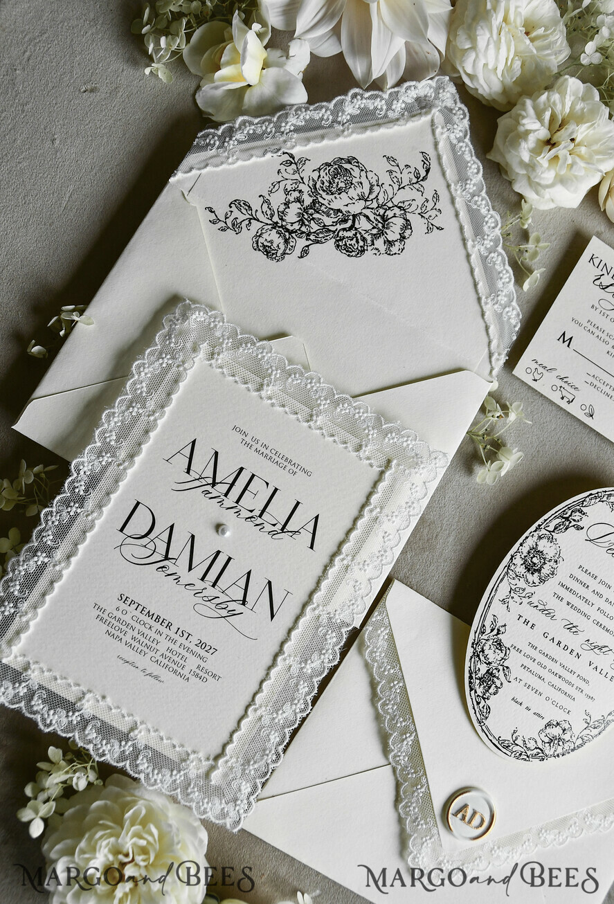 WEDDING INVITATIONS vintage lace/ rustic lace Personalized Golden Wedding invitations Vintage Lace Invites off white