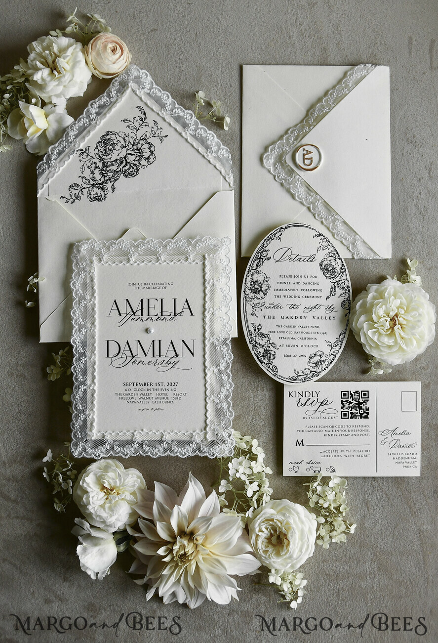 WEDDING INVITATIONS vintage lace/ rustic lace Personalized Golden Wedding invitations Vintage Lace Invites off white