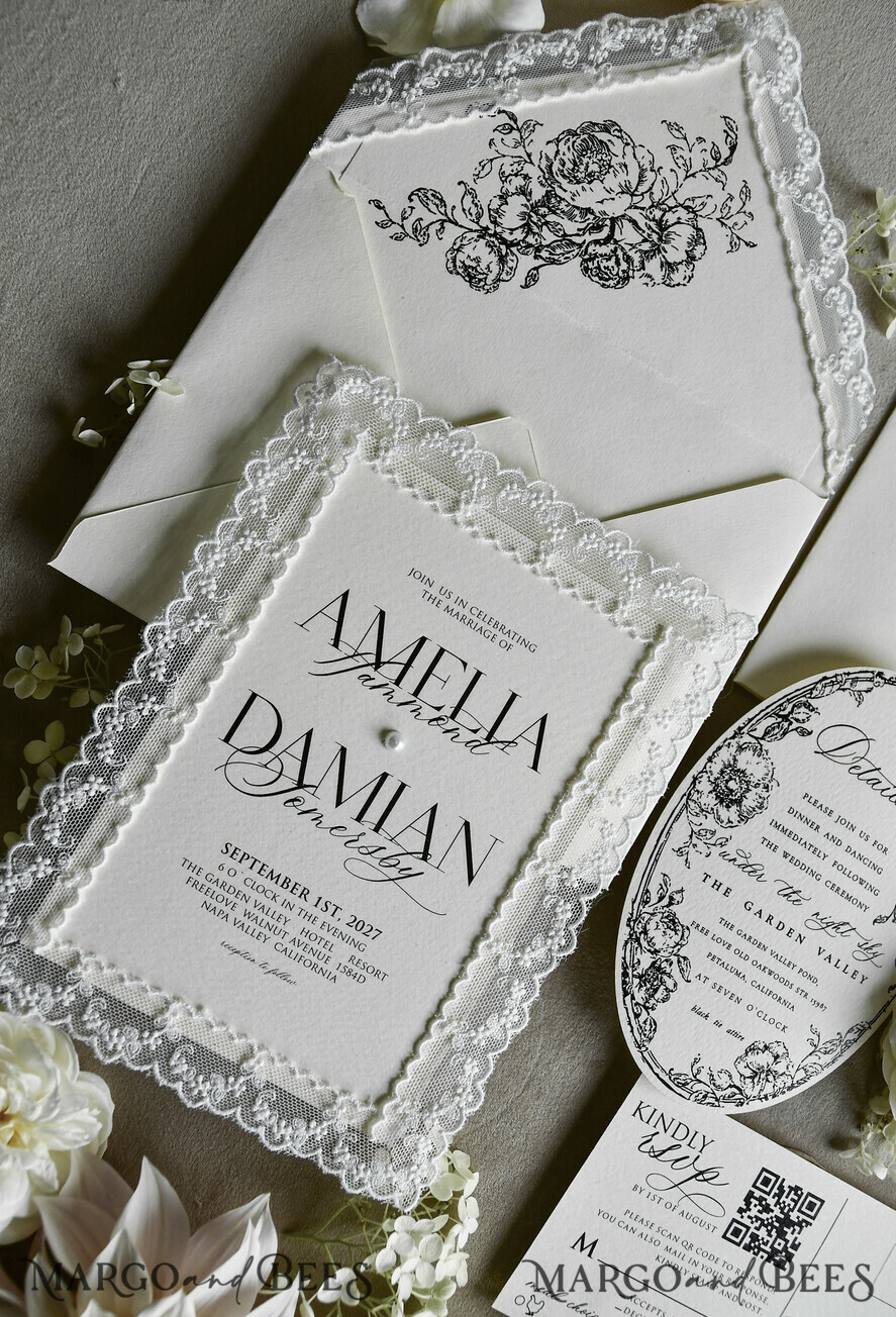 WEDDING INVITATIONS vintage lace/ rustic lace Personalized Golden Wedding invitations Vintage Lace Invites off white