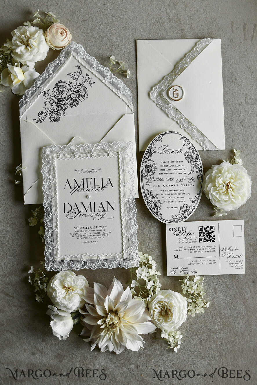 WEDDING INVITATIONS vintage lace/ rustic lace Personalized Golden Wedding invitations Vintage Lace Invites off white