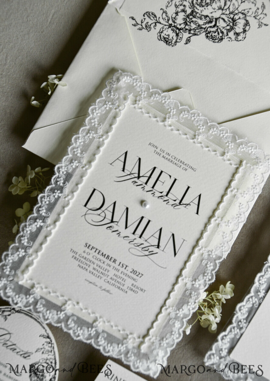 WEDDING INVITATIONS vintage lace/ rustic lace Personalized Golden Wedding invitations Vintage Lace Invites off white