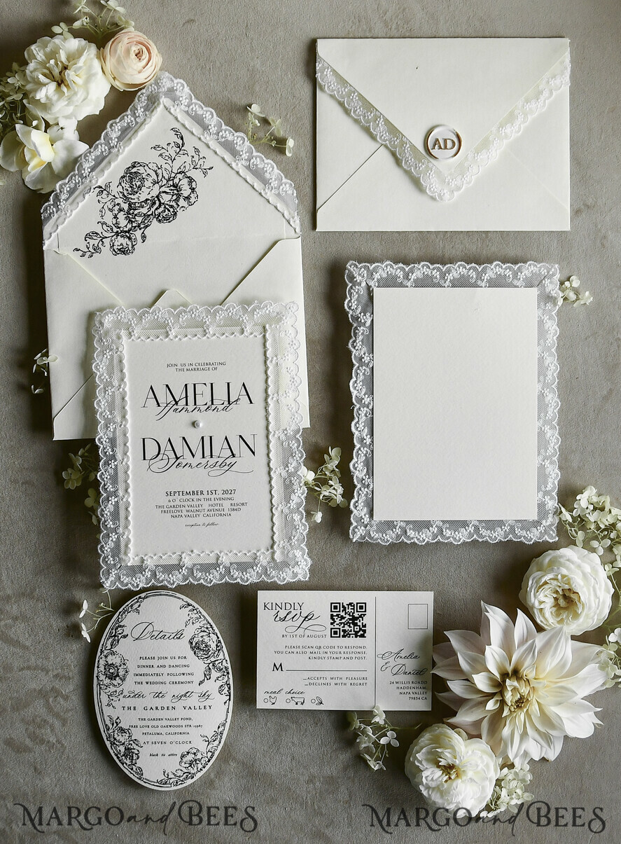 WEDDING INVITATIONS vintage lace/ rustic lace Personalized Golden Wedding invitations Vintage Lace Invites off white