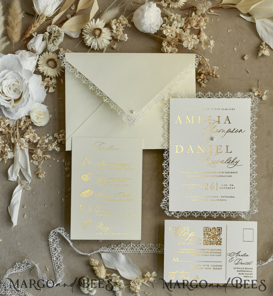 WEDDING INVITATIONS vintage lace/ rustic lace Personalized Golden Wedding invitations Vintage Lace Invites Ivory