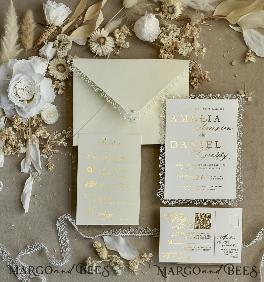 WEDDING INVITATIONS vintage lace/ rustic lace Personalized Golden Wedding invitations Vintage Lace Invites Ivory