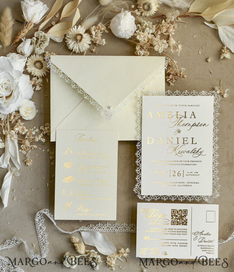WEDDING INVITATIONS vintage lace/ rustic lace Personalized Golden Wedding invitations Vintage Lace Invites Ivory