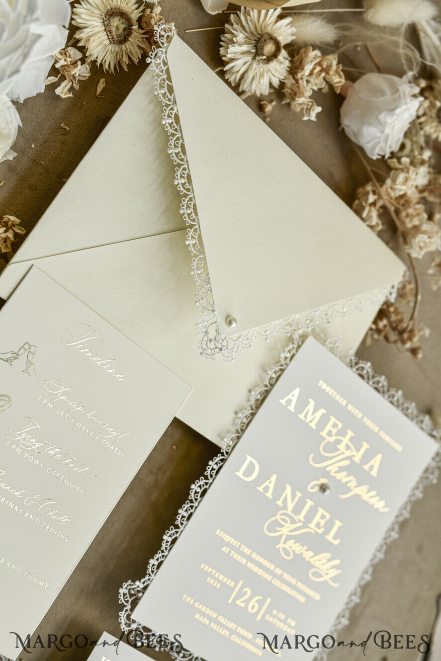WEDDING INVITATIONS vintage lace/ rustic lace Personalized Golden Wedding invitations Vintage Lace Invites Ivory