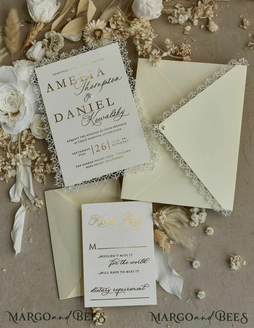 WEDDING INVITATIONS vintage lace/ rustic lace Personalized Golden Wedding invitations Vintage Lace Invites Ivory