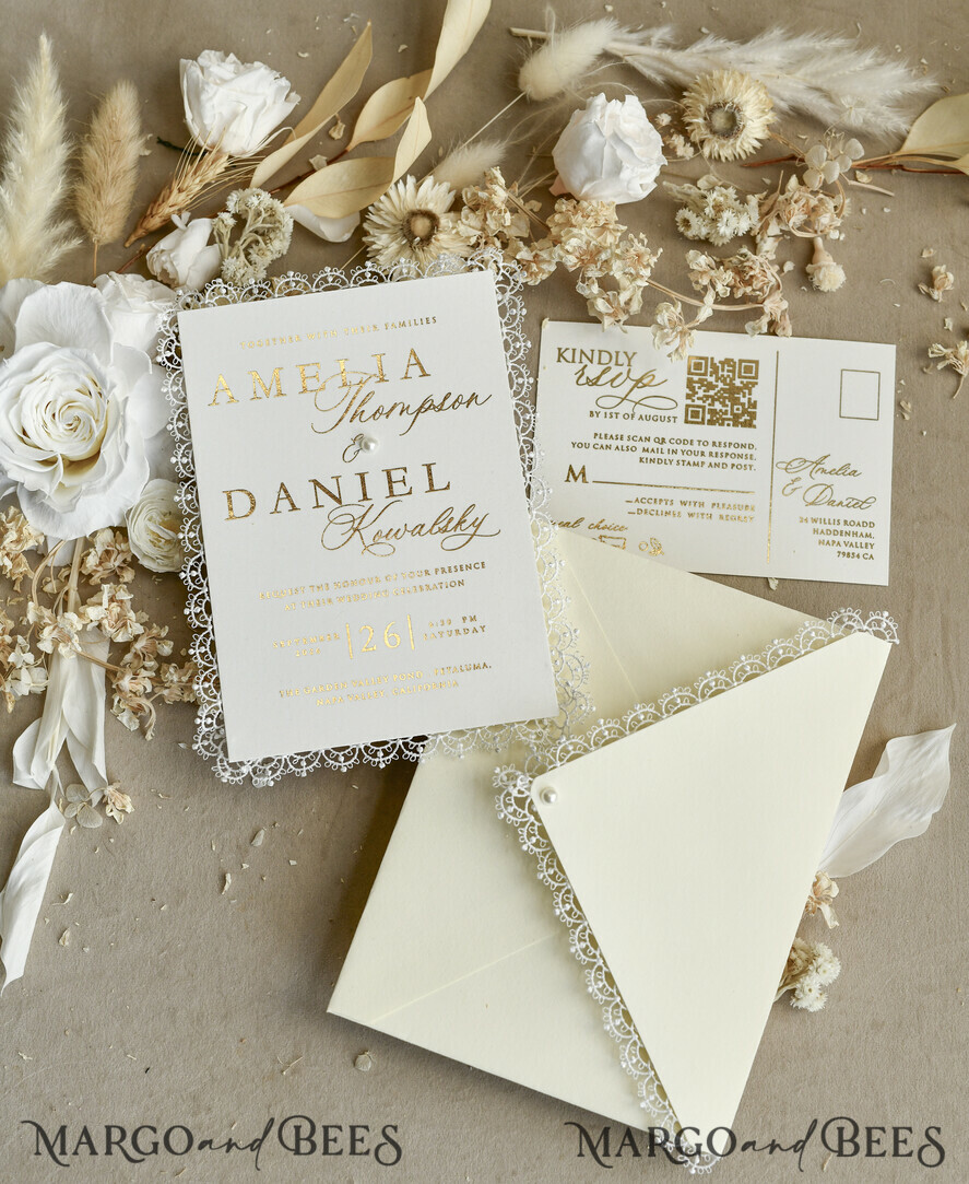 WEDDING INVITATIONS vintage lace/ rustic lace Personalized Golden Wedding invitations Vintage Lace Invites Ivory