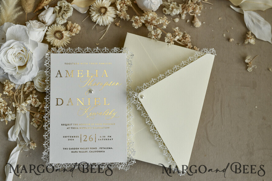 WEDDING INVITATIONS vintage lace/ rustic lace Personalized Golden Wedding invitations Vintage Lace Invites Ivory