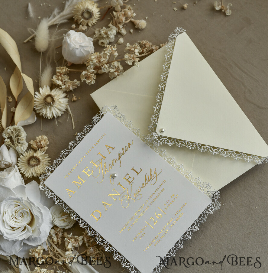 WEDDING INVITATIONS vintage lace/ rustic lace Personalized Golden Wedding invitations Vintage Lace Invites Ivory