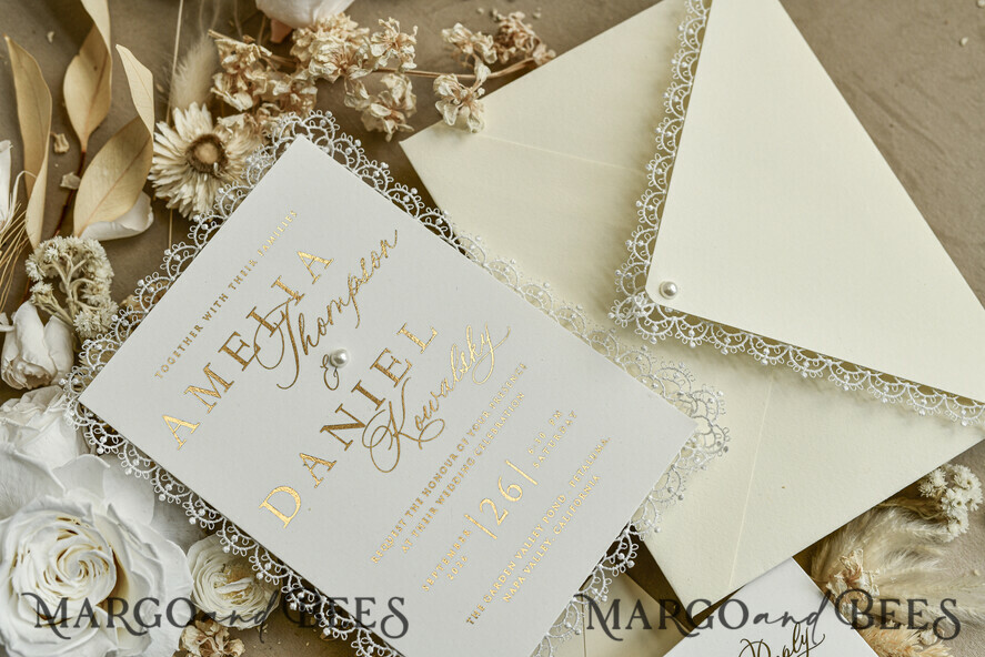 WEDDING INVITATIONS vintage lace/ rustic lace Personalized Golden Wedding invitations Vintage Lace Invites Ivory