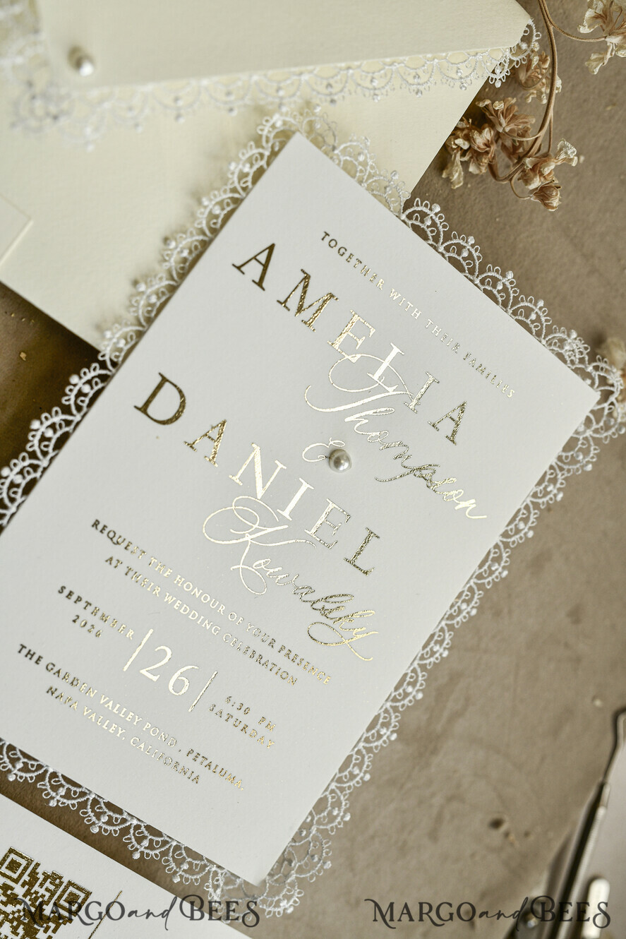 WEDDING INVITATIONS vintage lace/ rustic lace Personalized Golden Wedding invitations Vintage Lace Invites Ivory