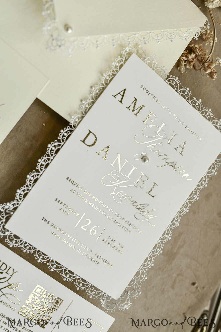 WEDDING INVITATIONS vintage lace/ rustic lace Personalized Golden Wedding invitations Vintage Lace Invites Ivory