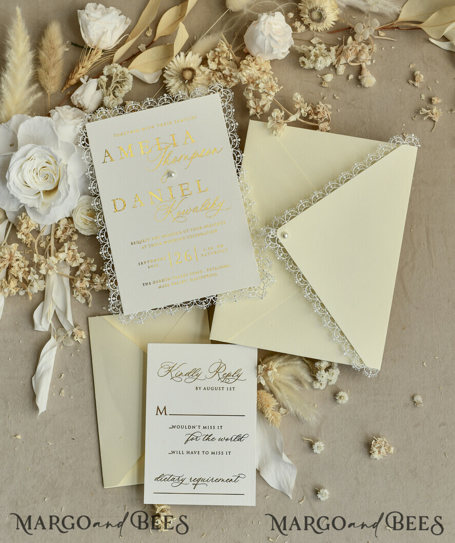 WEDDING INVITATIONS vintage lace/ rustic lace Personalized Golden Wedding invitations Vintage Lace Invites Ivory