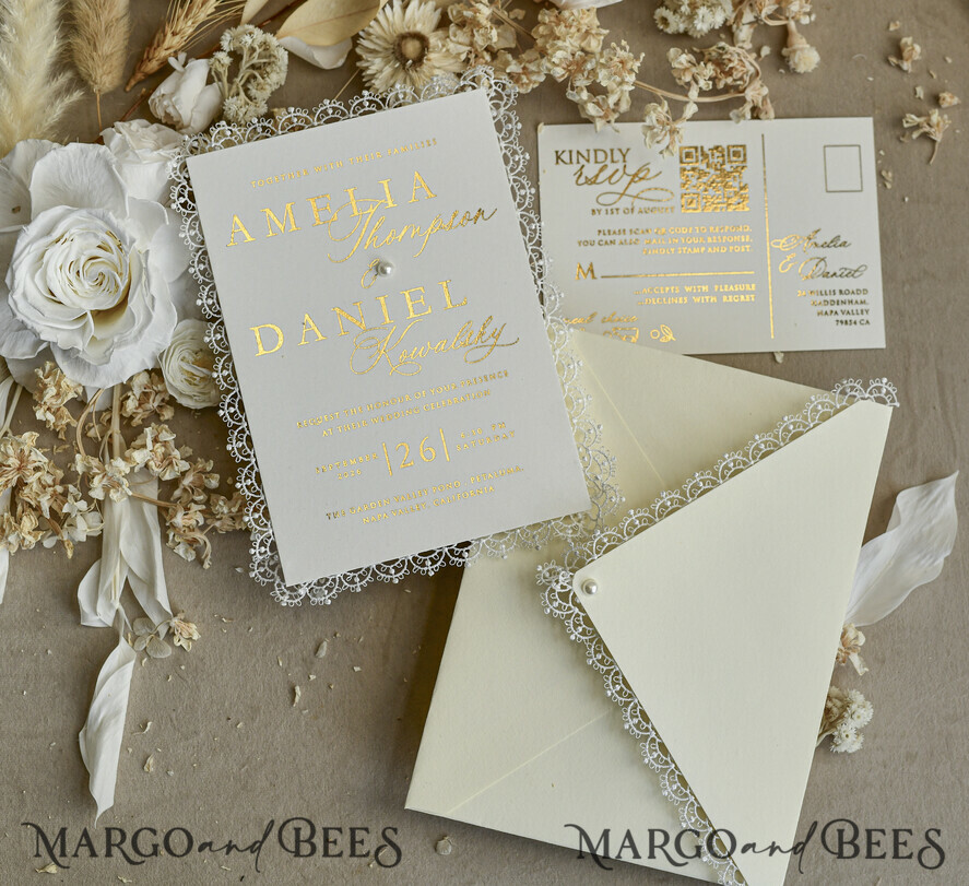 WEDDING INVITATIONS vintage lace/ rustic lace Personalized Golden Wedding invitations Vintage Lace Invites Ivory