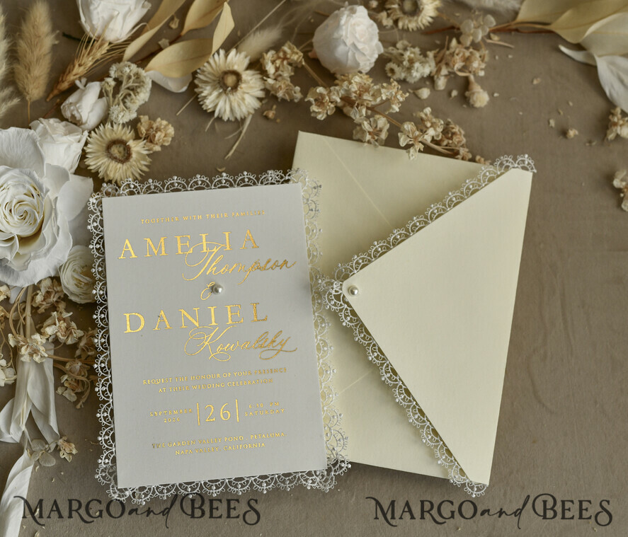 WEDDING INVITATIONS vintage lace/ rustic lace Personalized Golden Wedding invitations Vintage Lace Invites Ivory