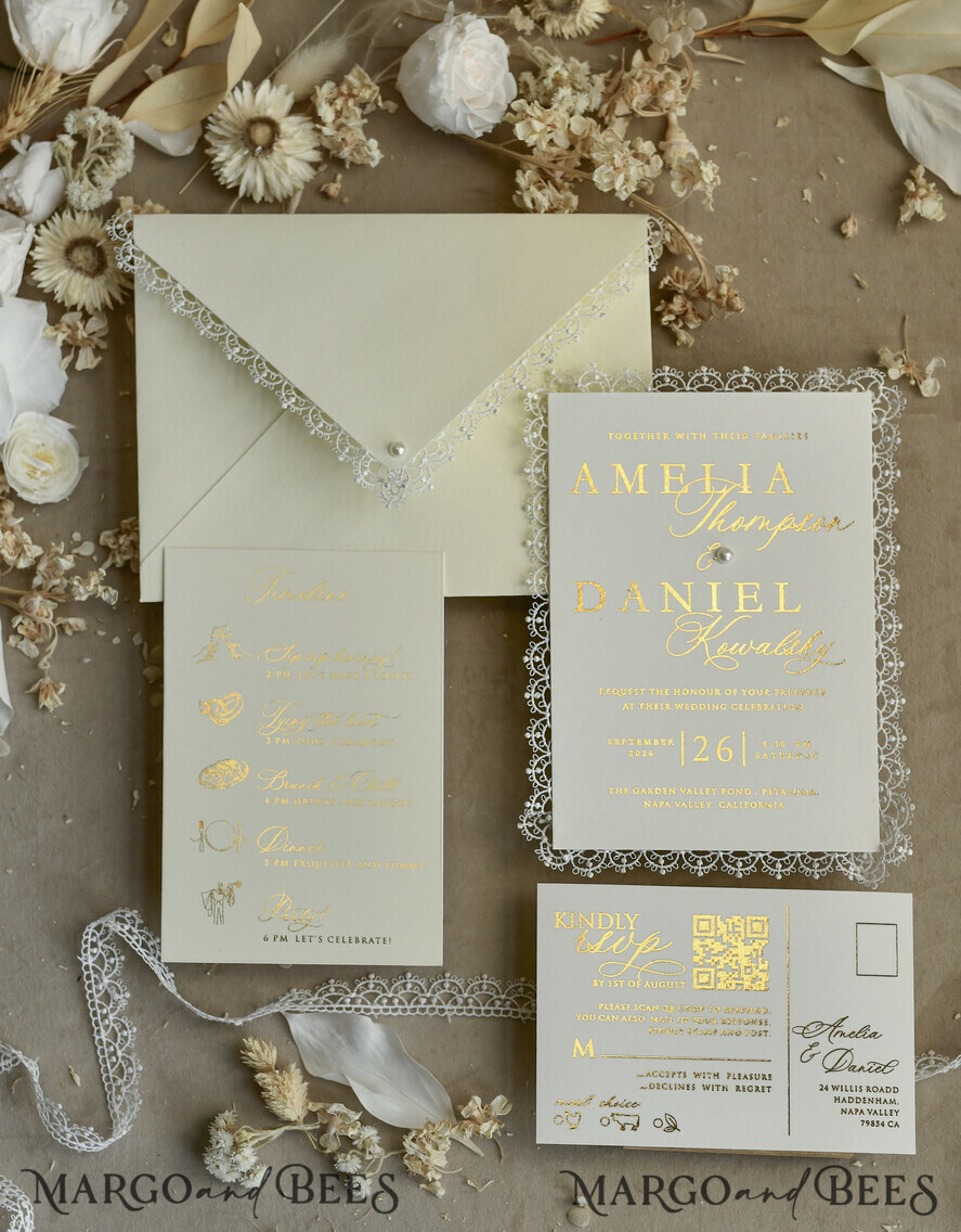 WEDDING INVITATIONS vintage lace/ rustic lace Personalized Golden Wedding invitations Vintage Lace Invites Ivory