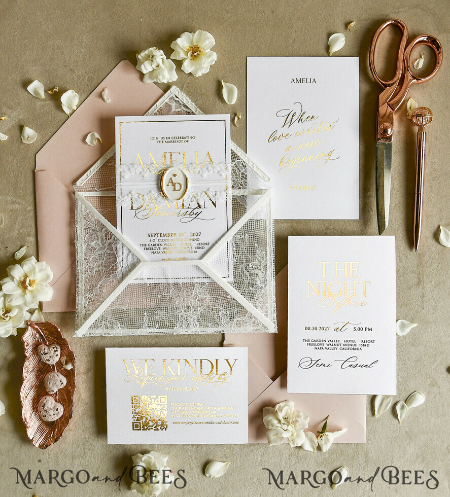 WEDDING INVITATIONS vintage lace/ rustic lace Luxury French Lace Wedding Invitations with Double Envelope Black & Gold Wedding Invitation Suite