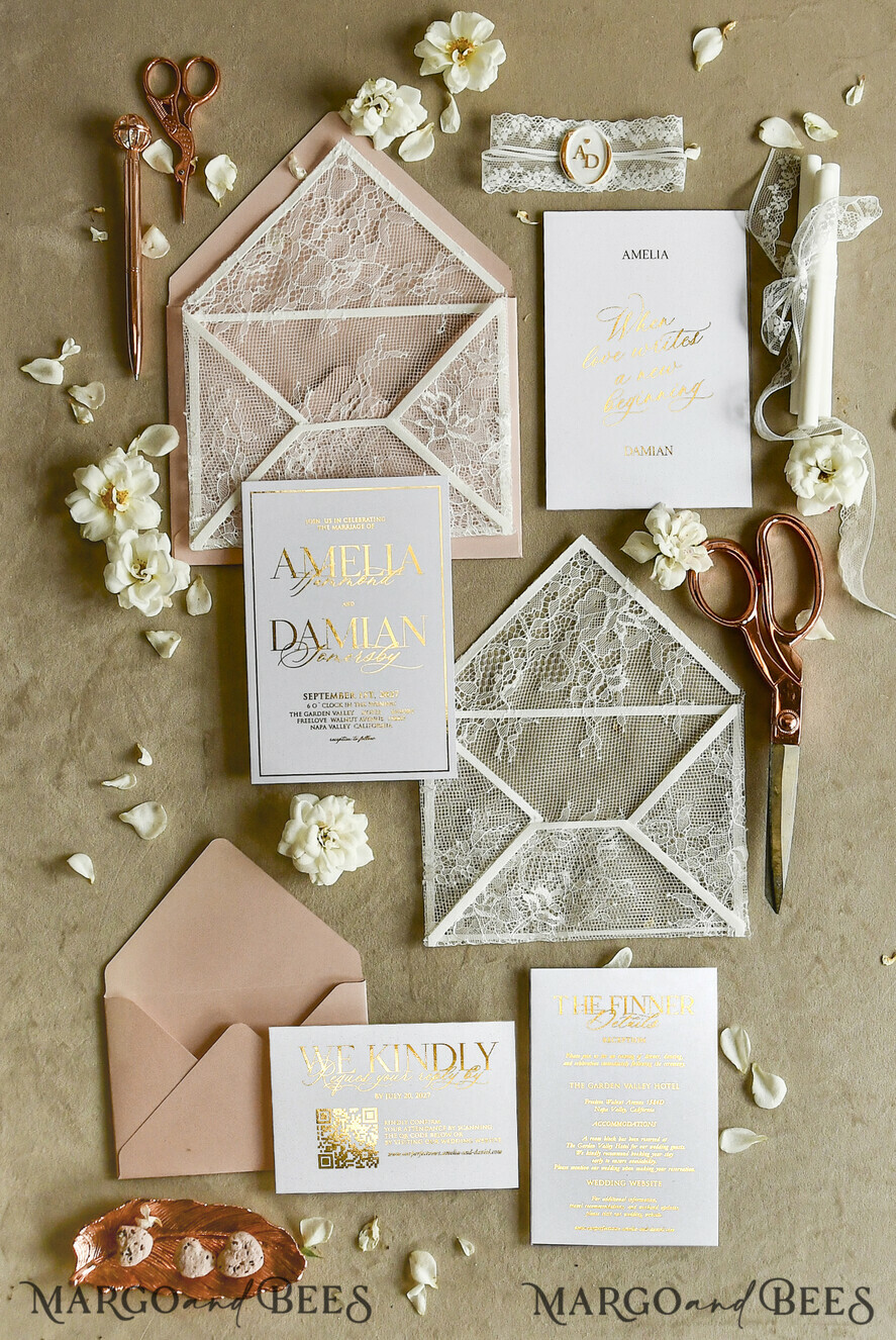WEDDING INVITATIONS vintage lace/ rustic lace Luxury French Lace Wedding Invitations with Double Envelope Black & Gold Wedding Invitation Suite