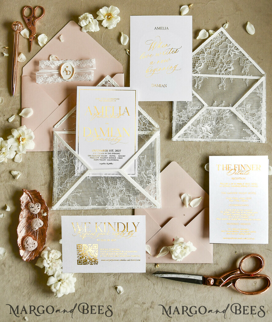 WEDDING INVITATIONS vintage lace/ rustic lace Luxury French Lace Wedding Invitations with Double Envelope Black & Gold Wedding Invitation Suite