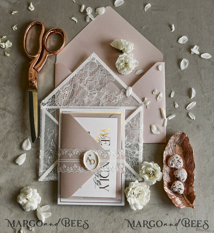 WEDDING INVITATIONS vintage lace/ rustic lace Luxury French Lace Wedding Invitations with Double Envelope Black & Gold Wedding Invitation Suite