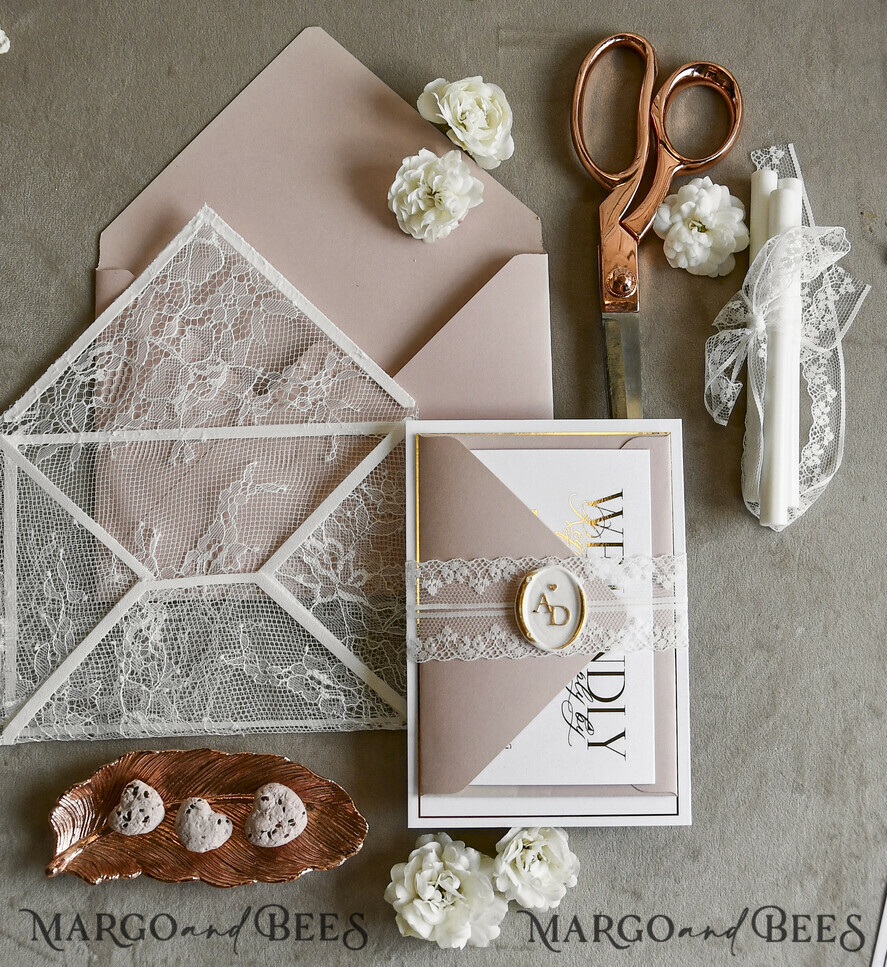 WEDDING INVITATIONS vintage lace/ rustic lace Luxury French Lace Wedding Invitations with Double Envelope Black & Gold Wedding Invitation Suite