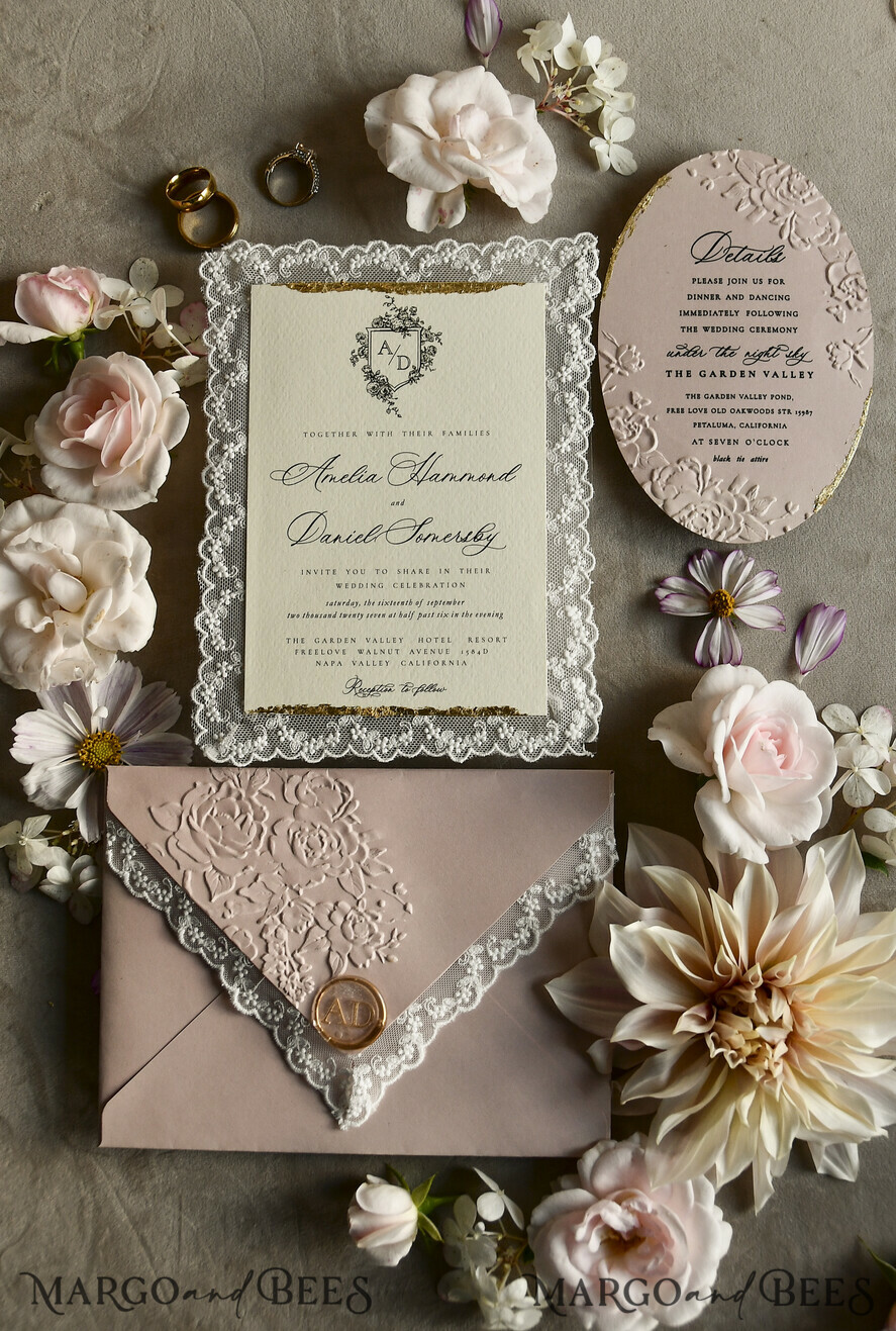 WEDDING INVITATIONS vintage lace/ rustic lace Lace Wedding invitation Embossed 