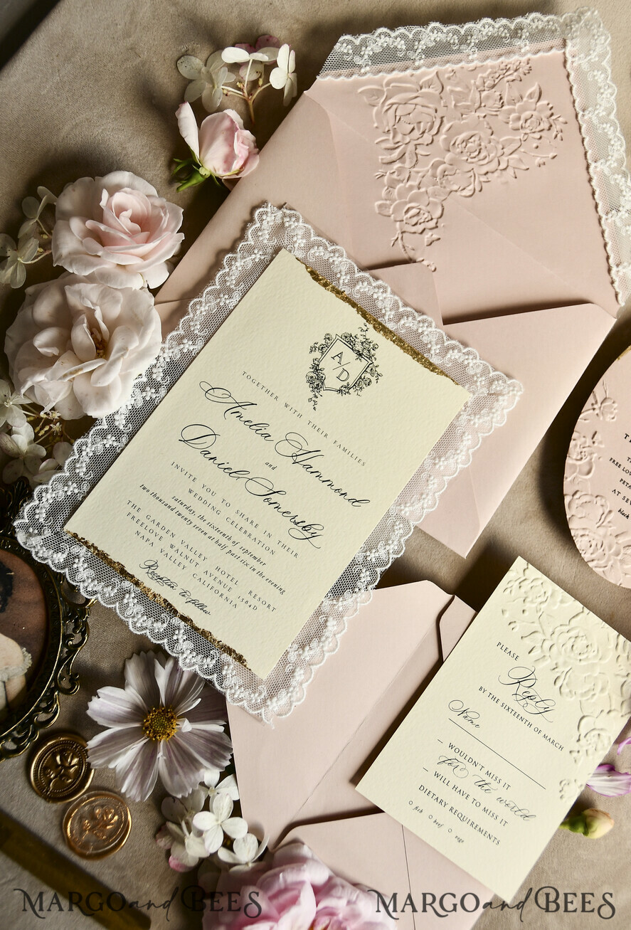 WEDDING INVITATIONS vintage lace/ rustic lace Lace Wedding invitation Embossed 