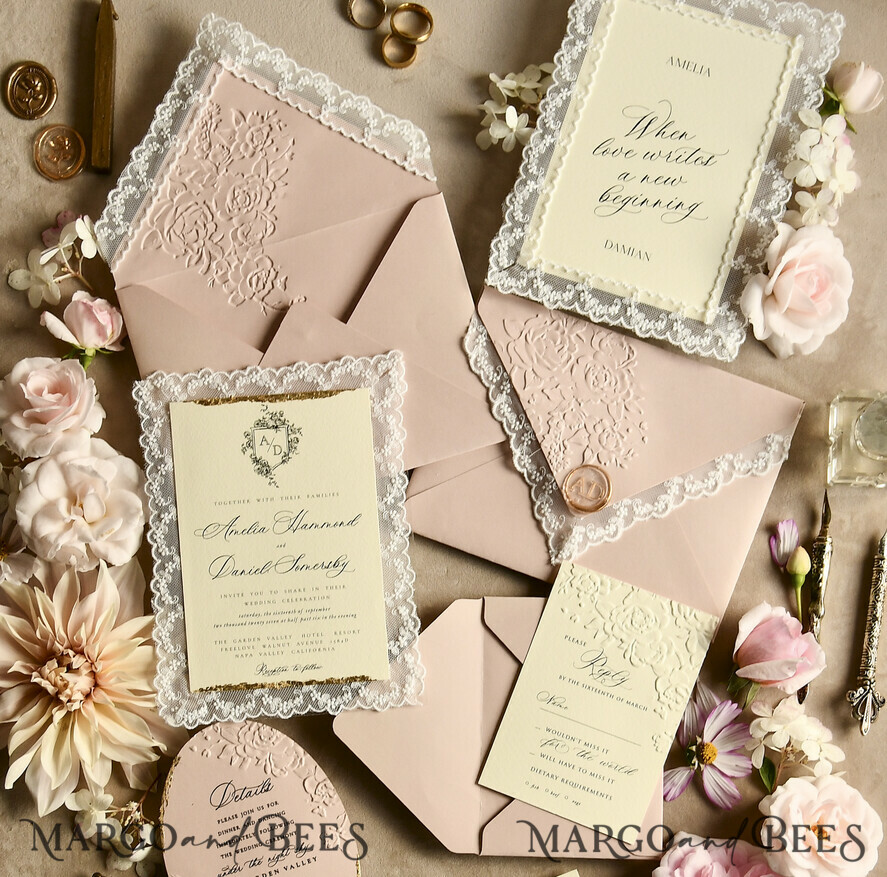 WEDDING INVITATIONS vintage lace/ rustic lace Lace Wedding invitation Embossed 