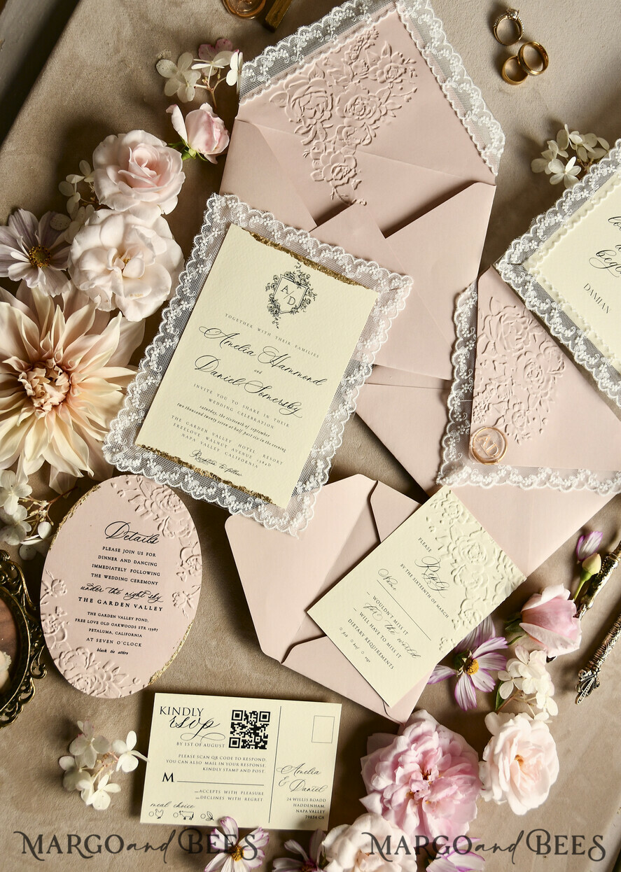 WEDDING INVITATIONS vintage lace/ rustic lace Lace Wedding invitation Embossed 