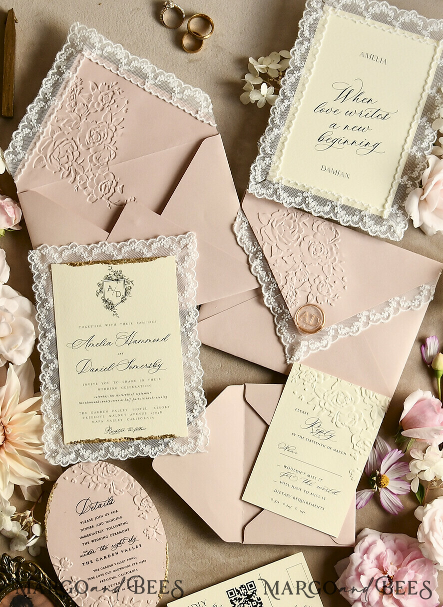 WEDDING INVITATIONS vintage lace/ rustic lace Lace Wedding invitation Embossed 